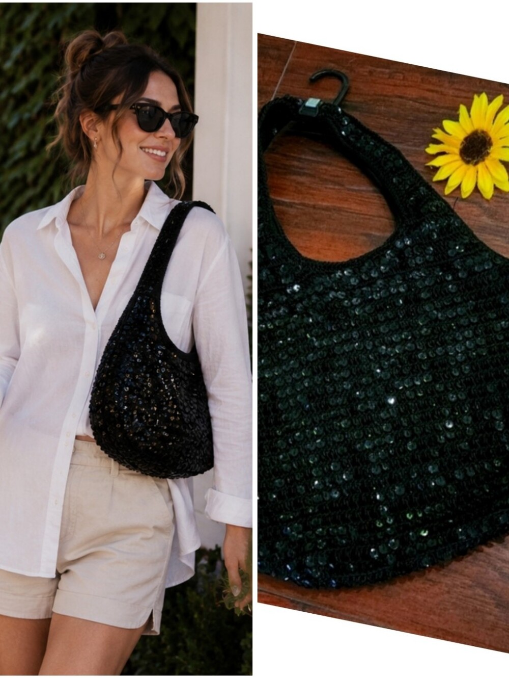 Vintage Y2K Frankie and Johnnie Black Sequin Shoulder Tote Bag.